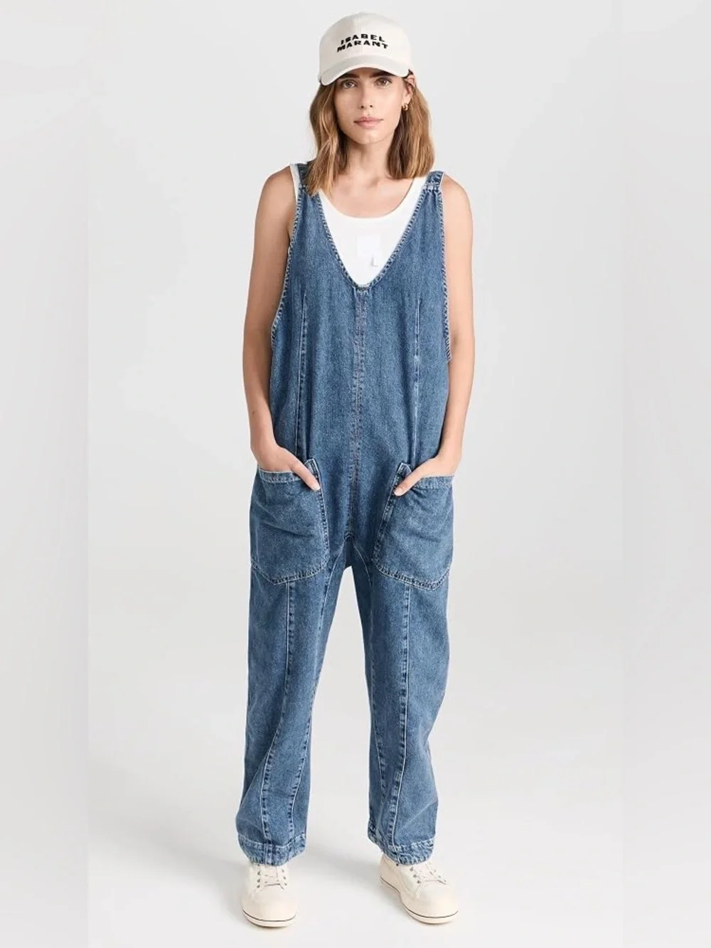 Free People High Roller Denim Jumpsuit Blue Large Like New
